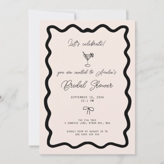 Invitation Whimsical Bow cursive border martini bridal shower (Devant)