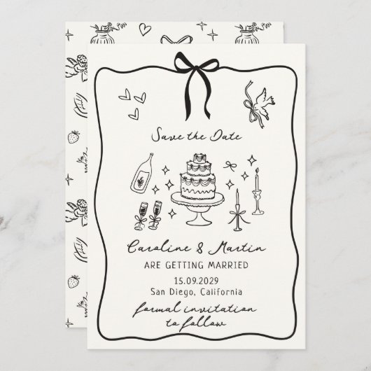Invitation Whimsical Bow, mariage dessiné à la main sauf la d (Devant / Derrière)