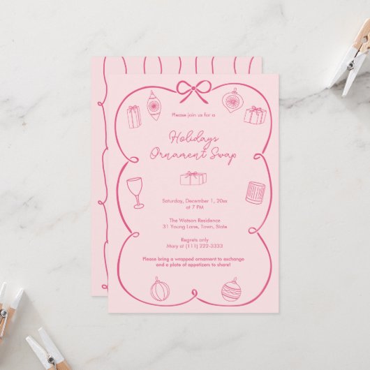 Invitation Whimsical Bow rose Vacances Ornament Swap Party (Devant/Arrière en situation)