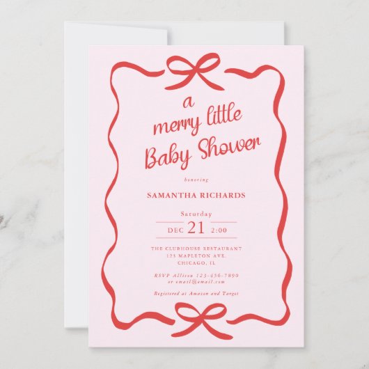 Invitation Whimsical bows red pink Merry little baby shower (Devant)