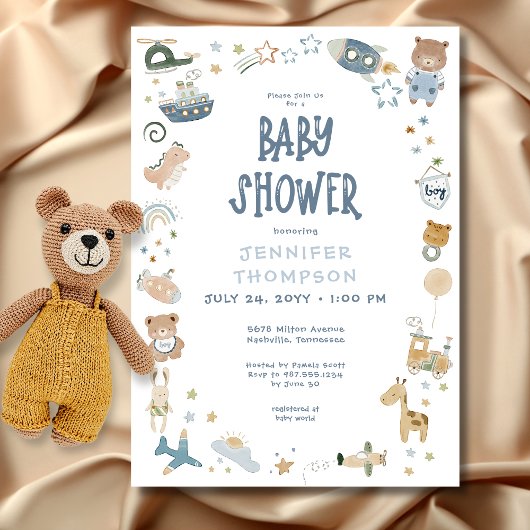 Invitation Whimsical Boy Watercolor Baby shower Doodle