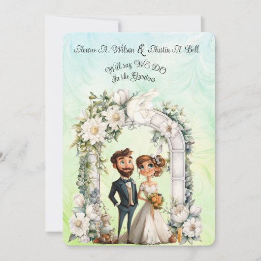 Invitation Whimsical Bride Mariage Arch Blue Green (Devant)