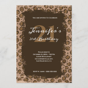 Invitation Whimsical Brown Leopard Grunge 21e anniversaire