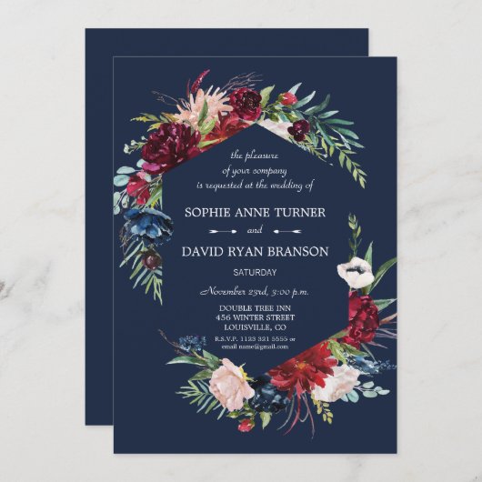 Invitation Whimsical Burgundy Blush Flowers Mariage bleu mari (Devant / Derrière)