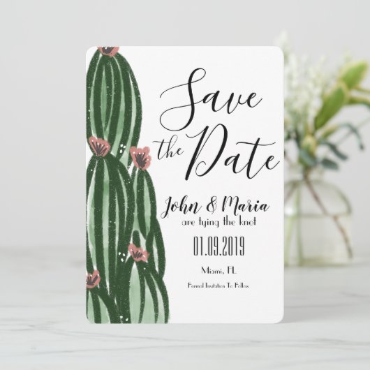 Invitation Whimsical Cactus Artsy Enregistrer la date (Debout devant)