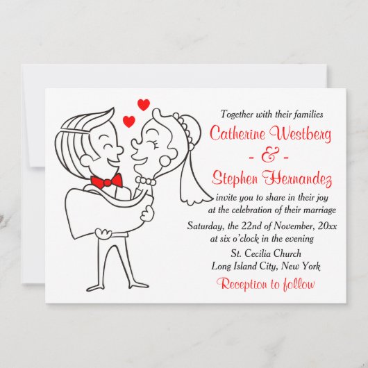 Invitation Whimsical Cartoon Bride & Groom Rouge, Mariage bla (Devant)