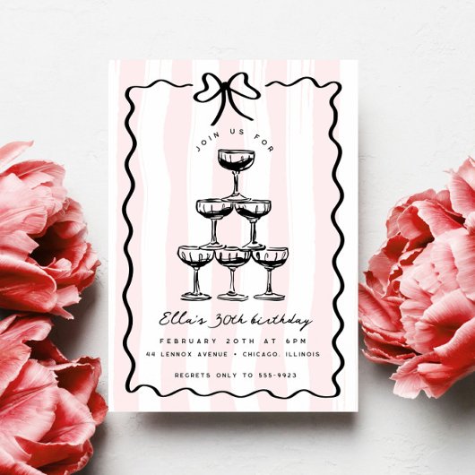 Invitation Whimsical Champagne Tower Bow Pink Striday