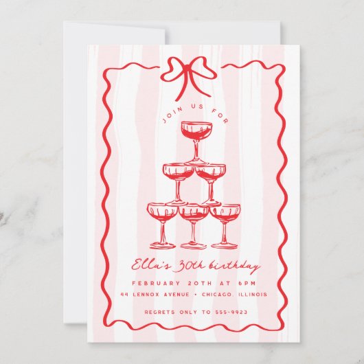 Invitation Whimsical Champagne Tower Bow Pink Striday (Devant)