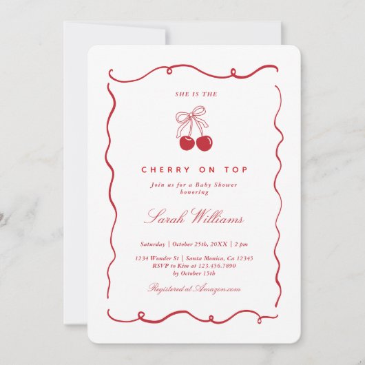 Invitation Whimsical Cherry on Top Baby Shower Girl (Devant)