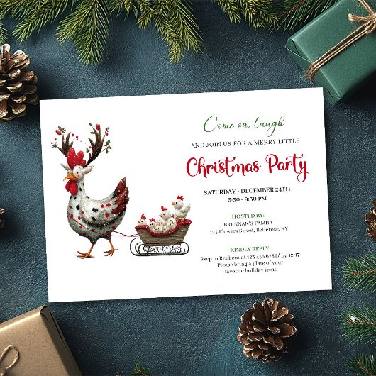 Invitation Whimsical Chickens Minimalist Christmas Party Card