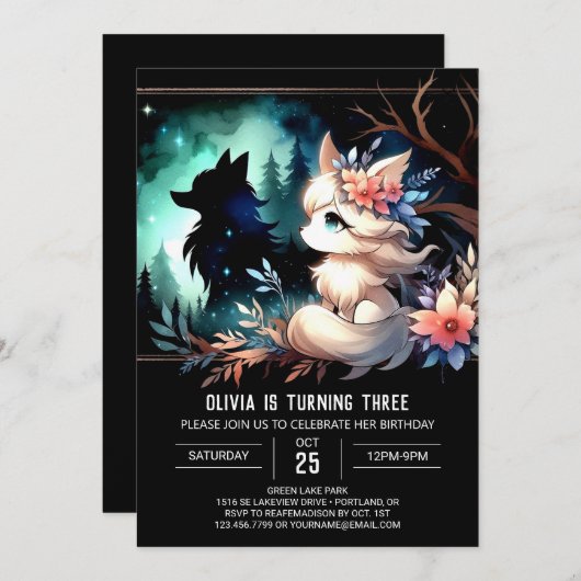 Invitation Whimsical Children Wolf Anniversaire (Devant / Derrière)