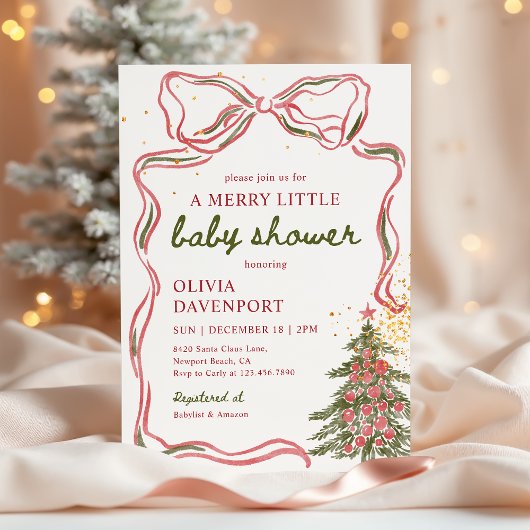Invitation Whimsical Christmas Bow Merry Little Baby Shower