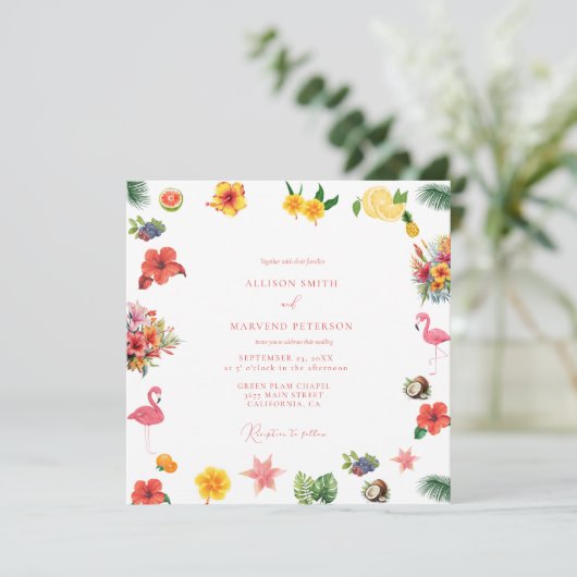 Invitation Whimsical Colorful Fun Tropical Flamingle Mariage (Debout devant)