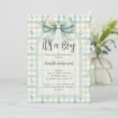 Invitation Whimsical Coquette Blue Gingham Baby Shower TMF26 (Debout devant)