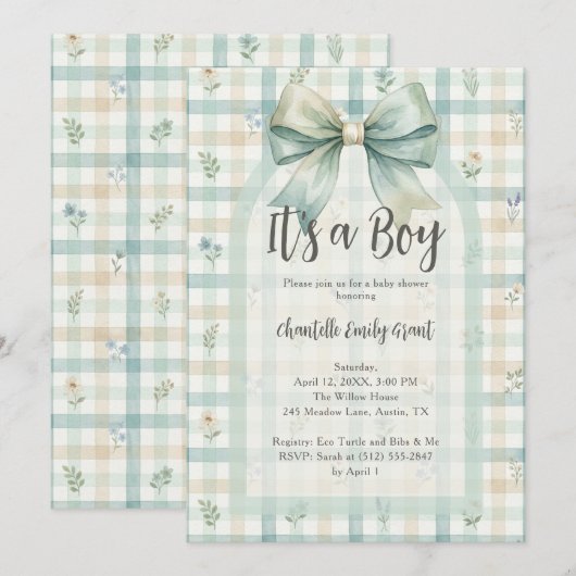 Invitation Whimsical Coquette Blue Gingham Baby Shower TMF26 (Devant / Derrière)