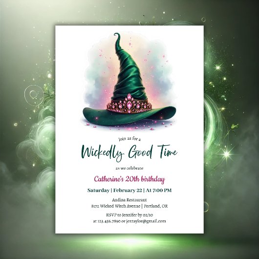 Invitation Whimsical Crown & Green Witch Casquette Anniversai