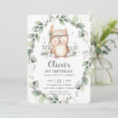 Invitation Whimsical Cute Owl Rustic Green Anniversaire feuil (Debout devant)