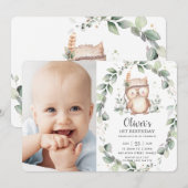 Invitation Whimsical Cute Owl Rustic Green Photo Anniversaire (Devant / Derrière)