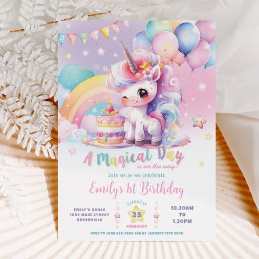 Invitation Whimsical Cute Rainbow Unicorn Magique Anniversair