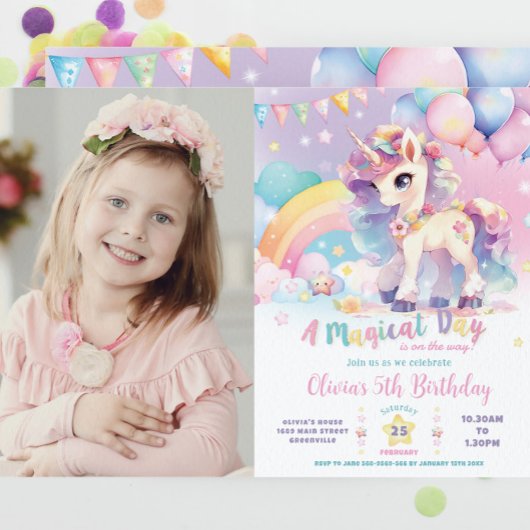 Invitation Whimsical Cute Rainbow Unicorn Magique Anniversair