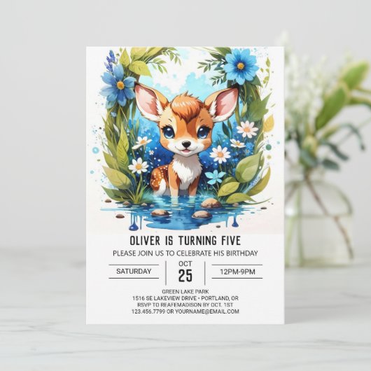 Invitation Whimsical Deer Adventure Boy Anniversaire (Debout devant)