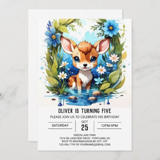 Invitation Whimsical Deer Adventure Boy Anniversaire (Devant / Derrière)