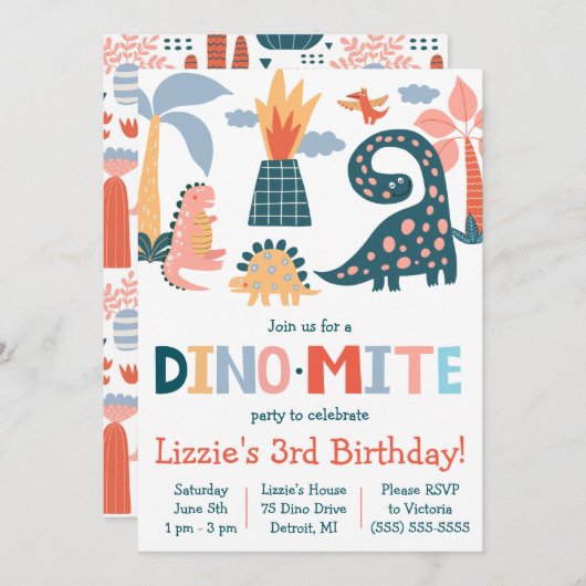 Invitation Whimsical Dino-Mite Dinosaur Theme Anniversaire (Devant / Derrière)
