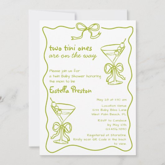 Invitation Whimsical Dirty Martinis QR Code Baby shower jumea (Devant)
