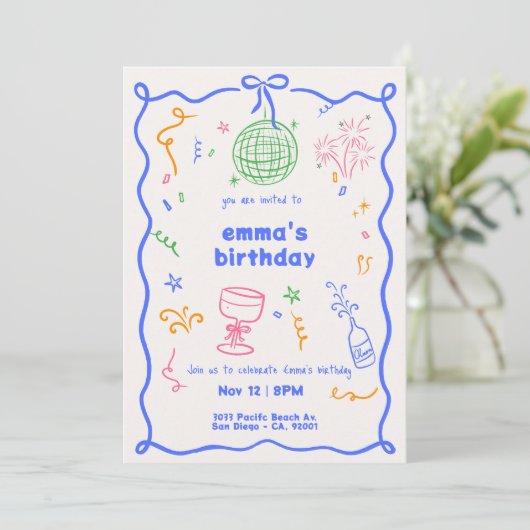 Invitation Whimsical Disco couleur d'anniversaire (Debout devant)