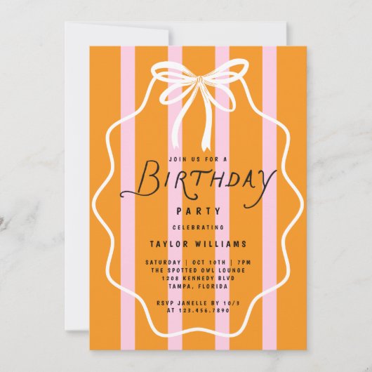 Invitation Whimsical Doodle Bow Stripes Simple Minimal (Devant)
