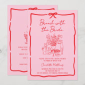 Invitation Whimsical Doodle Brunch with the Bride Red Pink  (Devant / Derrière)