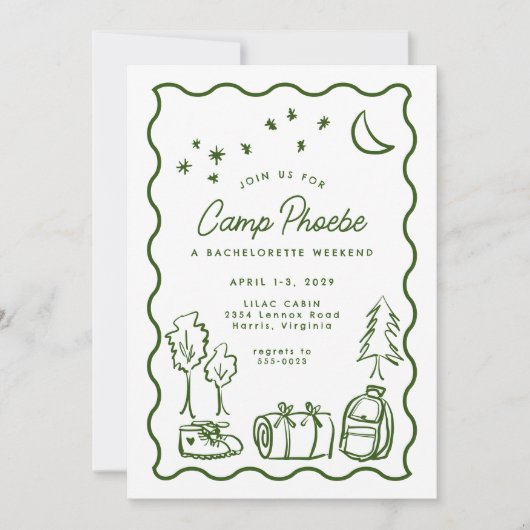 Invitation Whimsical Doodle Camp Bachelorette Week-end (Devant)