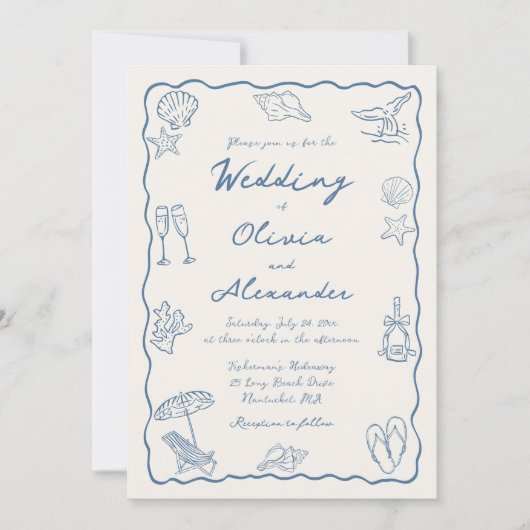 Invitation Whimsical Doodle Hand Drawn Coastal Beach Wedding (Devant)