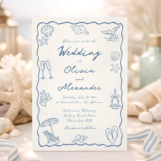 Invitation Whimsical Doodle Hand Drawn Coastal Beach Wedding