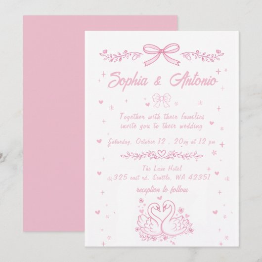 Invitation Whimsical Doodle Hand Drawn Pink Swans Wedding (Devant / Derrière)