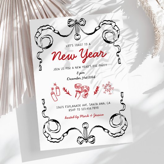 Invitation Whimsical Doodle Noir et Rouge Fête du Nouvel An