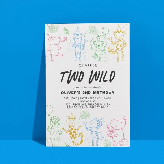 Invitation Whimsical Doodle Party Animaux 2e anniversaire