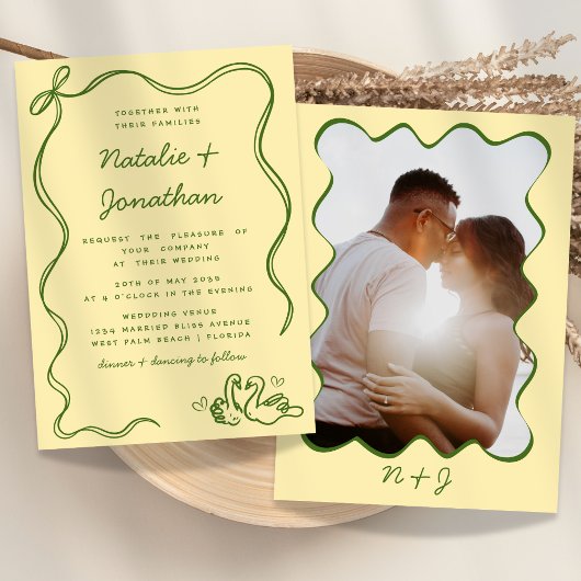 Invitation Whimsical Doodle photo Monogramme Mariage jaune