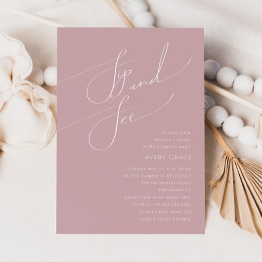 Invitation Whimsical Dusty Rose bébé Sip et voir