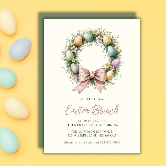 Invitation Whimsical Easter Egg Wreath Pink Bow Family Brunch