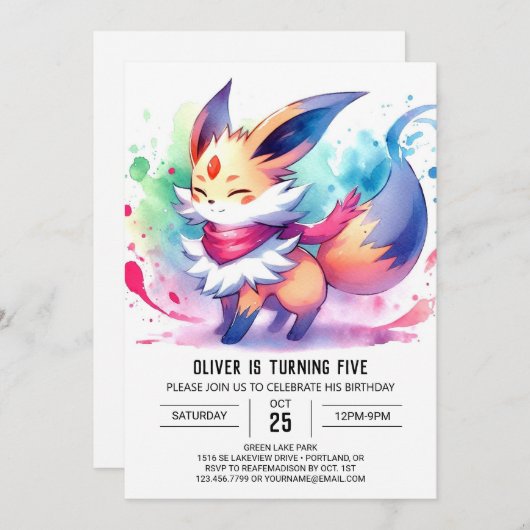 Invitation Whimsical Editable Fox Anniversaire (Devant / Derrière)