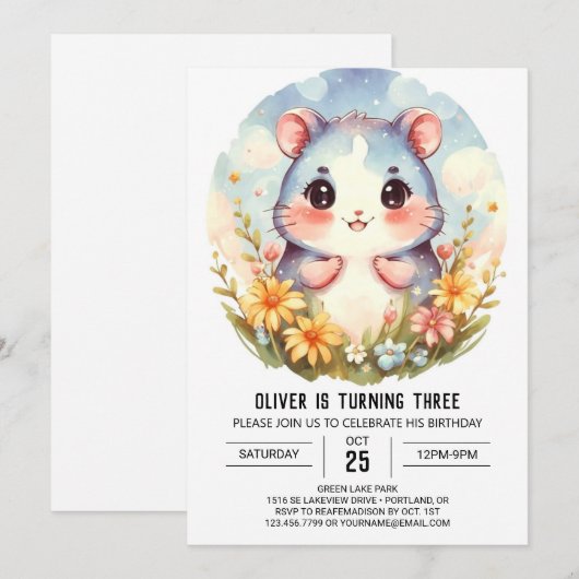 Invitation Whimsical Editable Hamster Anniversaire (Devant / Derrière)