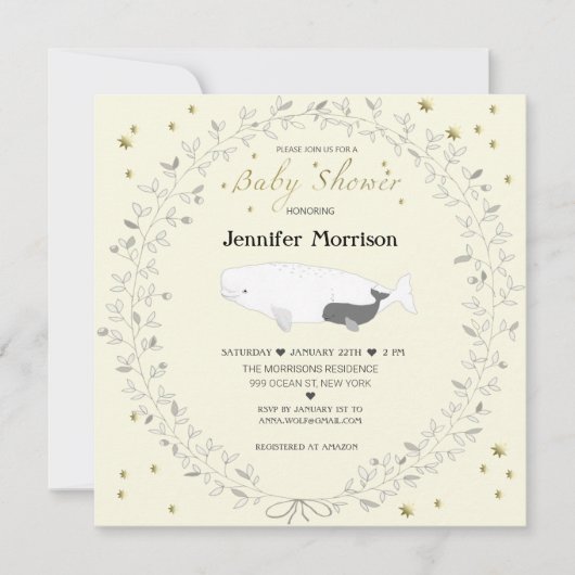 Invitation Whimsical Elegant Baby shower de baleines Beluga (Devant)