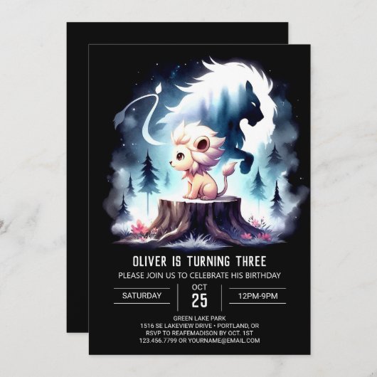 Invitation Whimsical Elegant Lion Anniversaire (Devant / Derrière)