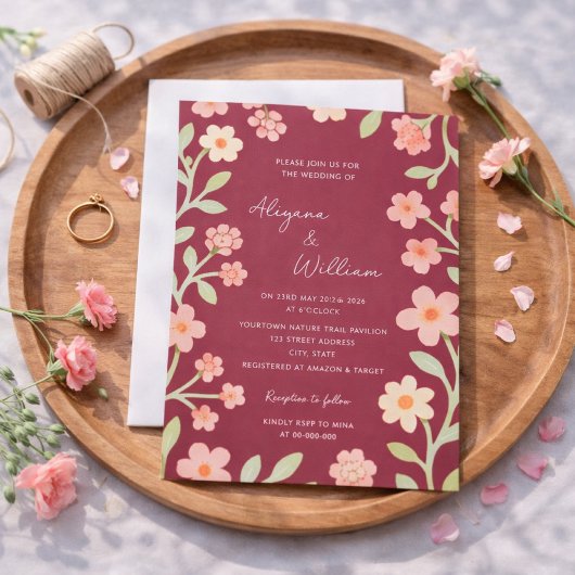 Invitation Whimsical Elegant Pink Floral Border Wedding