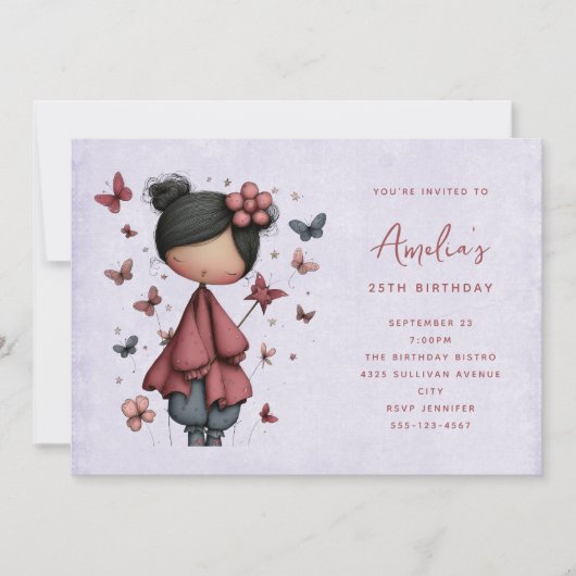 Invitation Whimsical Fairy Doll Retro Cute Birthday (Devant)