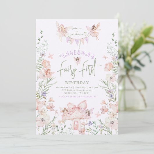 Invitation Whimsical Fairy First Birthday Enchanted forest (Debout devant)