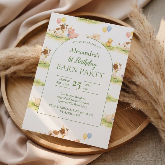 Invitation Whimsical Farm Animals Pastel 1st Birthday