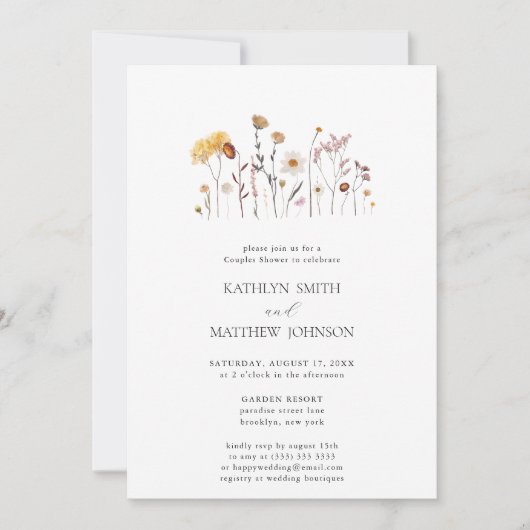 Invitation Whimsical Fleur sauvage Boho Mariage Couples Douch (Devant)