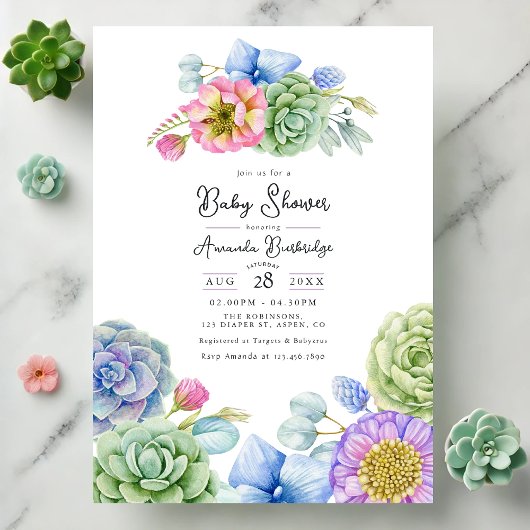 Invitation Whimsical Floral et Baby shower Succulent